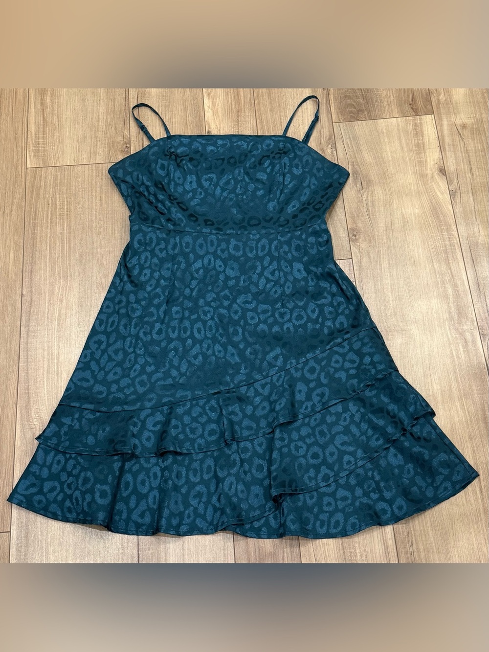 Altar'd State Teal Leopard-Print Ruffle-Hem Spaghetti Strap Dress